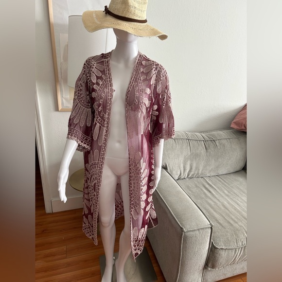 Rebellion Burgundy Lace Boho Lagenlook Festival Open Duster Kimono Size M - Picture 1 of 12